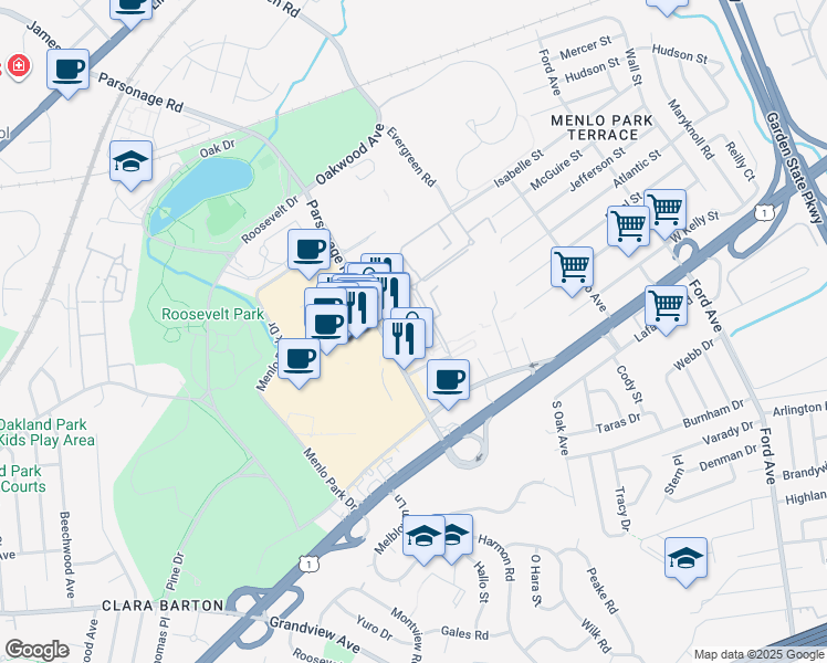 map of restaurants, bars, coffee shops, grocery stores, and more near 44 Parsonage Road in Edison