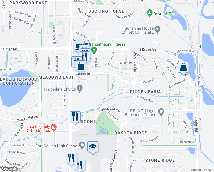map of restaurants, bars, coffee shops, grocery stores, and more near 2862 Kansas Drive in Fort Collins