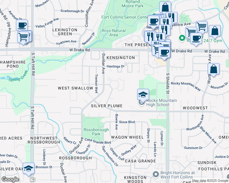 map of restaurants, bars, coffee shops, grocery stores, and more near 1512 Silverton Court in Fort Collins