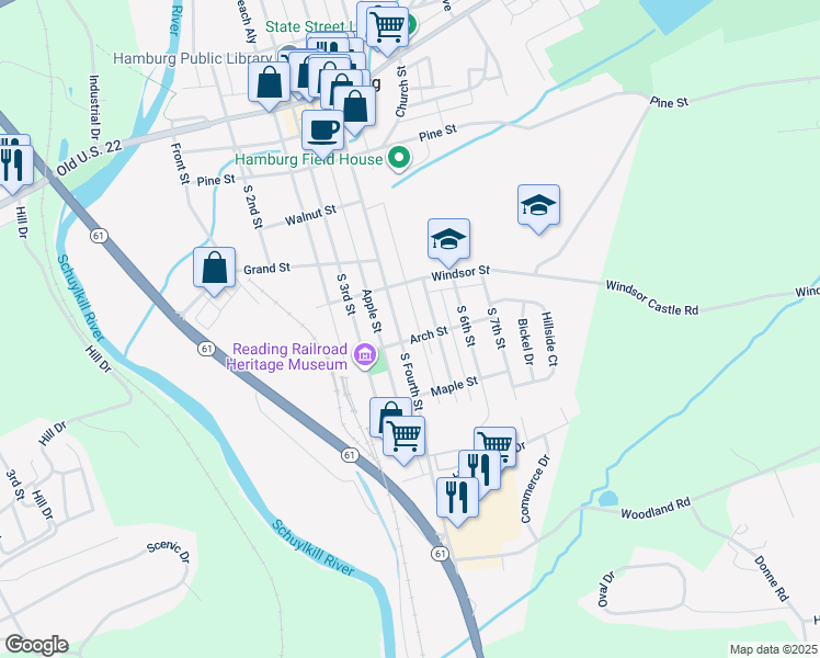 map of restaurants, bars, coffee shops, grocery stores, and more near 455 South Fourth Street in Hamburg