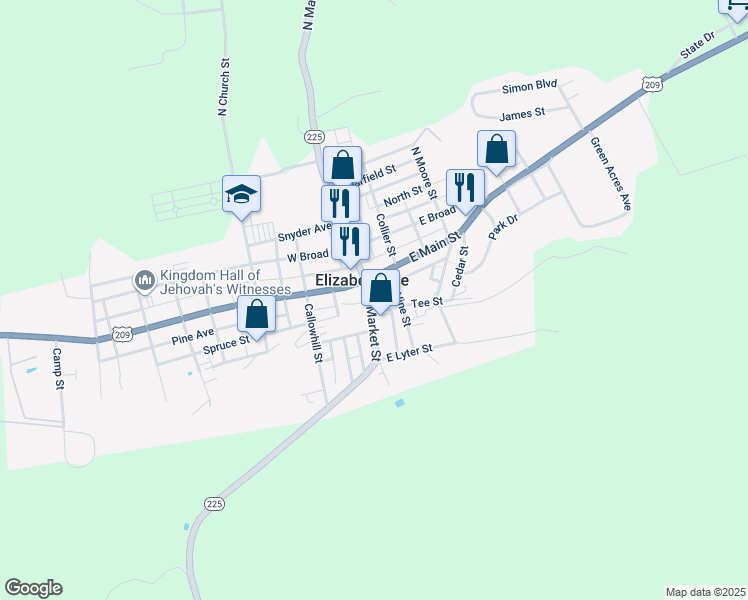 map of restaurants, bars, coffee shops, grocery stores, and more near 34S South Market Street in Elizabethville