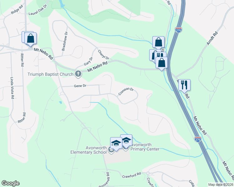 map of restaurants, bars, coffee shops, grocery stores, and more near 306 Crimson Drive in Pittsburgh