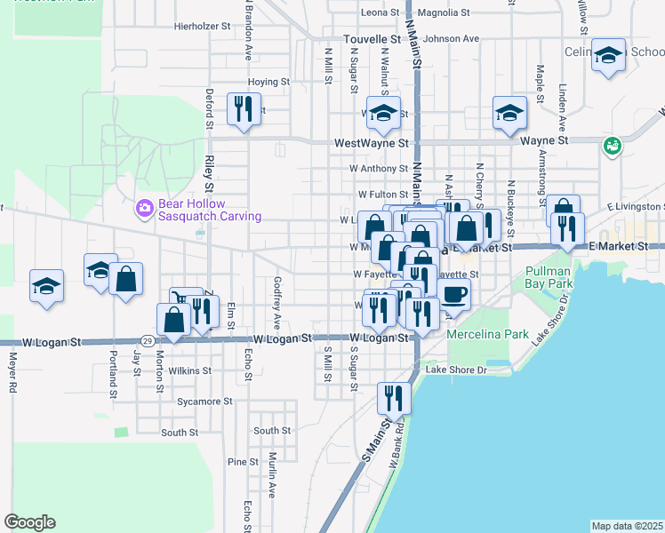 map of restaurants, bars, coffee shops, grocery stores, and more near 311 West Fayette Street in Celina