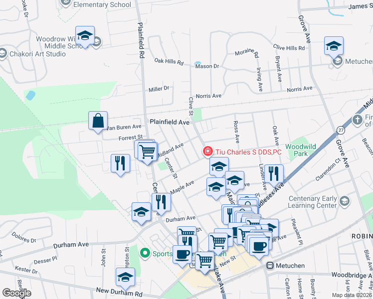 map of restaurants, bars, coffee shops, grocery stores, and more near 219 Columbia Avenue in Metuchen