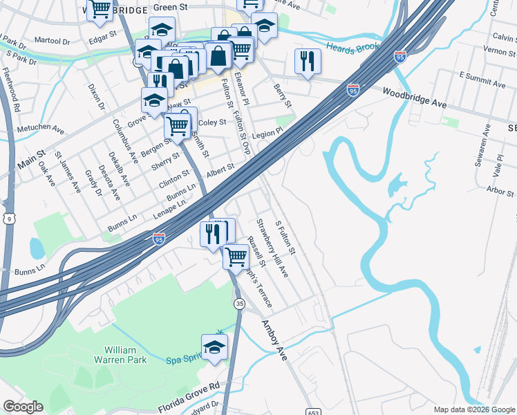 map of restaurants, bars, coffee shops, grocery stores, and more near 180 Strawberry Hill Avenue in Woodbridge Township