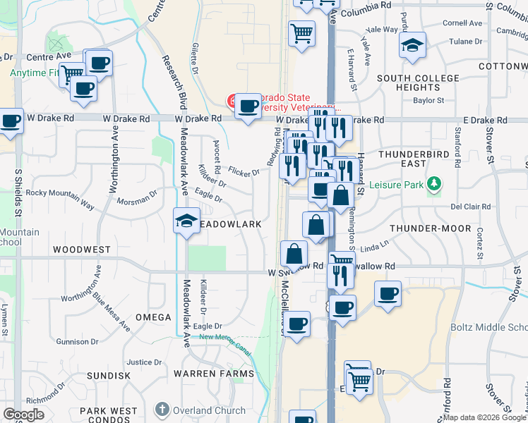 map of restaurants, bars, coffee shops, grocery stores, and more near 2927 Redwing Road in Fort Collins