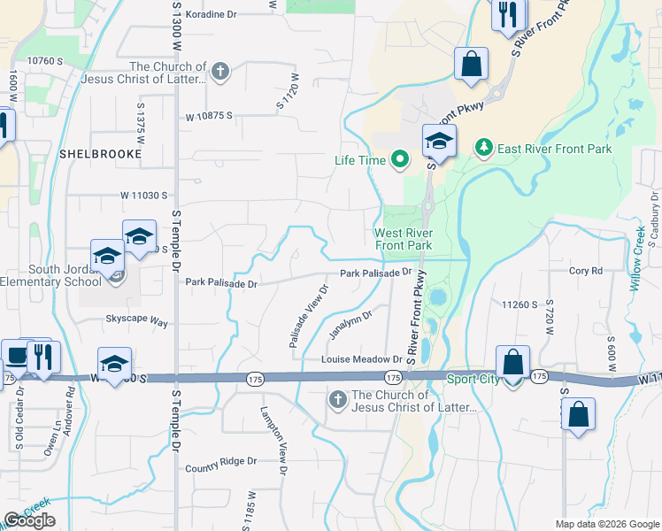 map of restaurants, bars, coffee shops, grocery stores, and more near 1064 Park Palisade Drive in South Jordan