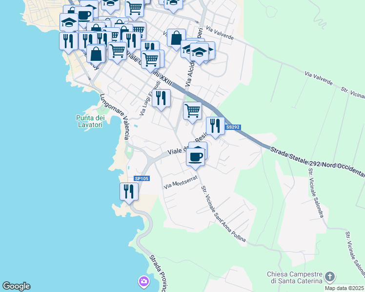 map of restaurants, bars, coffee shops, grocery stores, and more near 39-41 Viale della Resistenza in Alghero
