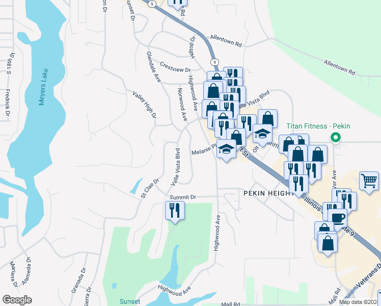 map of restaurants, bars, coffee shops, grocery stores, and more near 1635 Melanie Place in Pekin