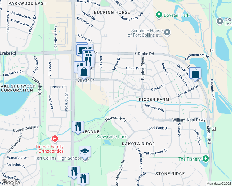 map of restaurants, bars, coffee shops, grocery stores, and more near 2862 Kansas Drive in Fort Collins