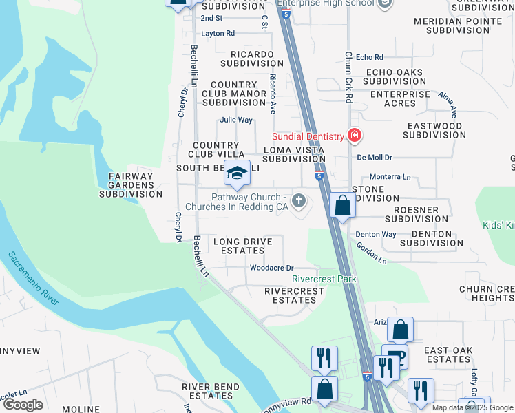 map of restaurants, bars, coffee shops, grocery stores, and more near 705 Loma Vista Drive in Redding