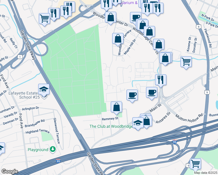 map of restaurants, bars, coffee shops, grocery stores, and more near 2 Highview Drive in Woodbridge Township