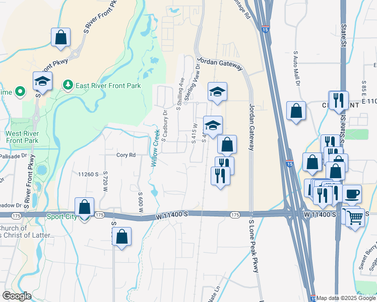 map of restaurants, bars, coffee shops, grocery stores, and more near 11173 Aspen Peak Drive in South Jordan
