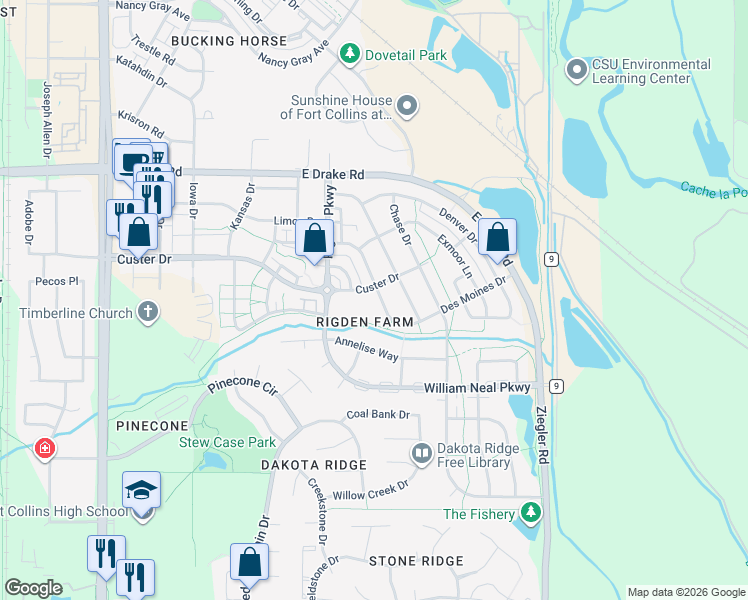 map of restaurants, bars, coffee shops, grocery stores, and more near 2926 Des Moines Drive in Fort Collins