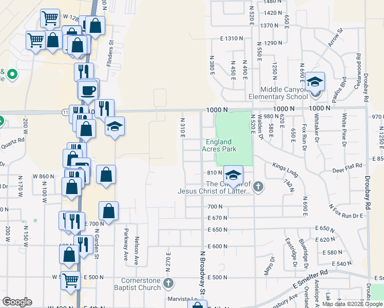 map of restaurants, bars, coffee shops, grocery stores, and more near 332 880 North in Tooele