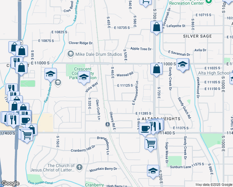 map of restaurants, bars, coffee shops, grocery stores, and more near 11191 South 465 East in Sandy
