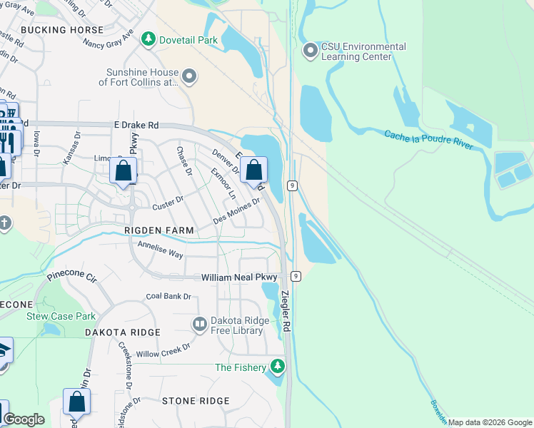 map of restaurants, bars, coffee shops, grocery stores, and more near 3092 Denver Drive in Fort Collins
