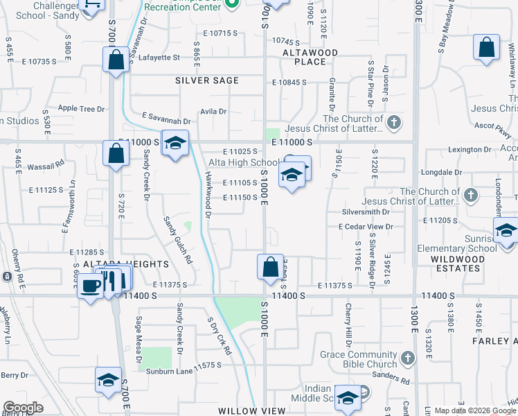 map of restaurants, bars, coffee shops, grocery stores, and more near 11194 South 1000 East in Sandy
