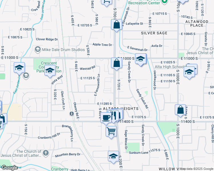 map of restaurants, bars, coffee shops, grocery stores, and more near 11228 South 700 East in Sandy