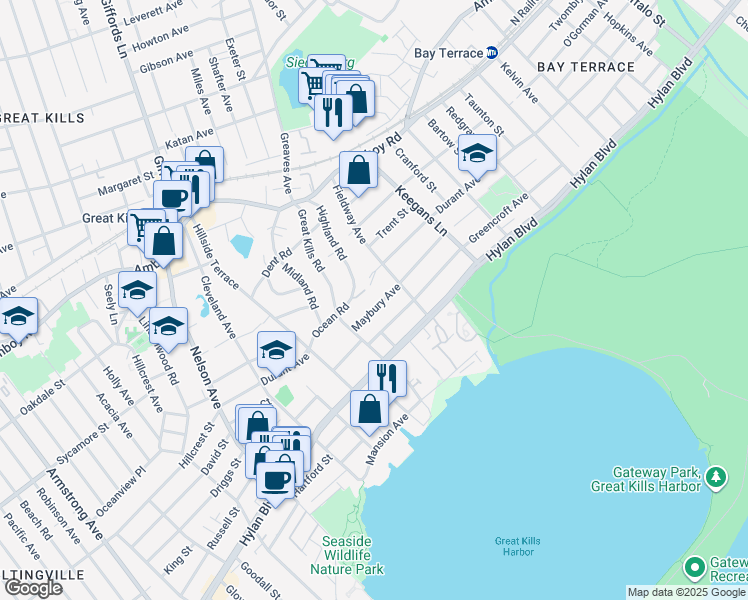 map of restaurants, bars, coffee shops, grocery stores, and more near 287 Maybury Avenue in Staten Island