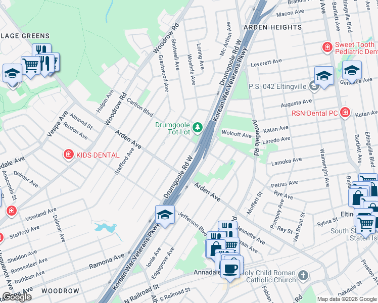 map of restaurants, bars, coffee shops, grocery stores, and more near 80 Rathbun Avenue in Staten Island