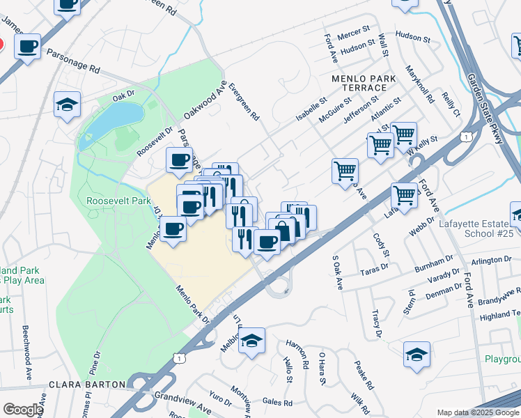 map of restaurants, bars, coffee shops, grocery stores, and more near 26 Judson Street in Edison