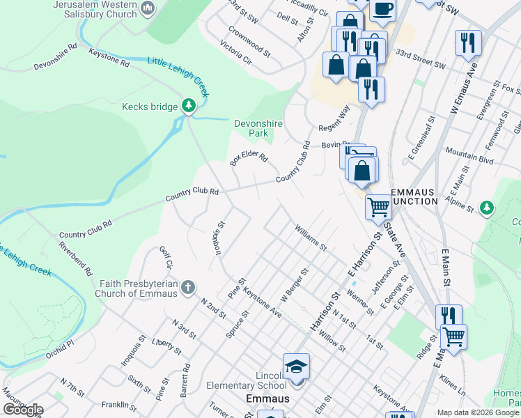 map of restaurants, bars, coffee shops, grocery stores, and more near 5 Cherokee Street in Emmaus
