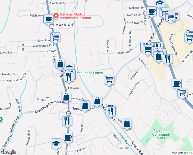 map of restaurants, bars, coffee shops, grocery stores, and more near 117A Circle Drive in Pittsburgh