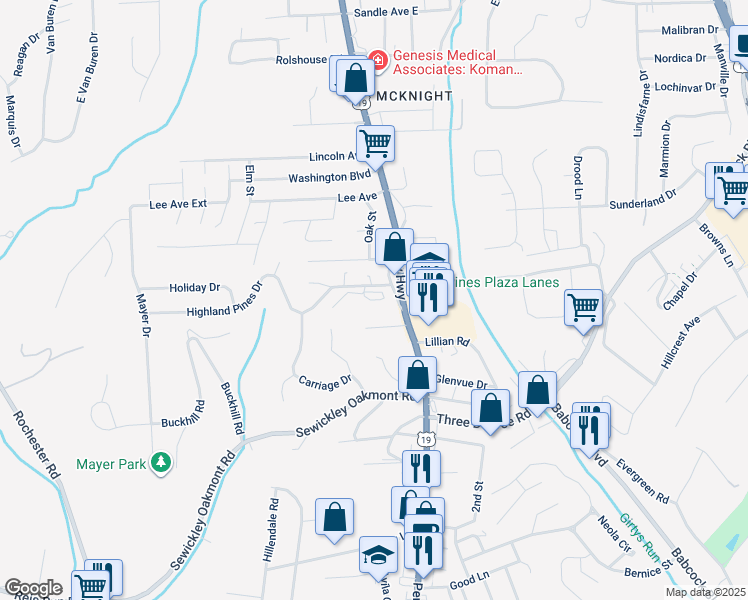 map of restaurants, bars, coffee shops, grocery stores, and more near 101 Highland Pines Drive in Pittsburgh
