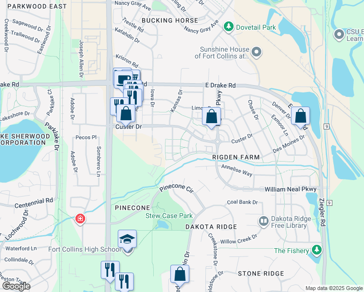 map of restaurants, bars, coffee shops, grocery stores, and more near 2862 Kansas Drive in Fort Collins