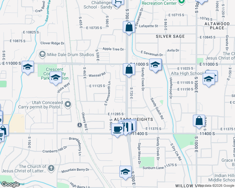 map of restaurants, bars, coffee shops, grocery stores, and more near 11171 South Apple Cider Drive in Sandy