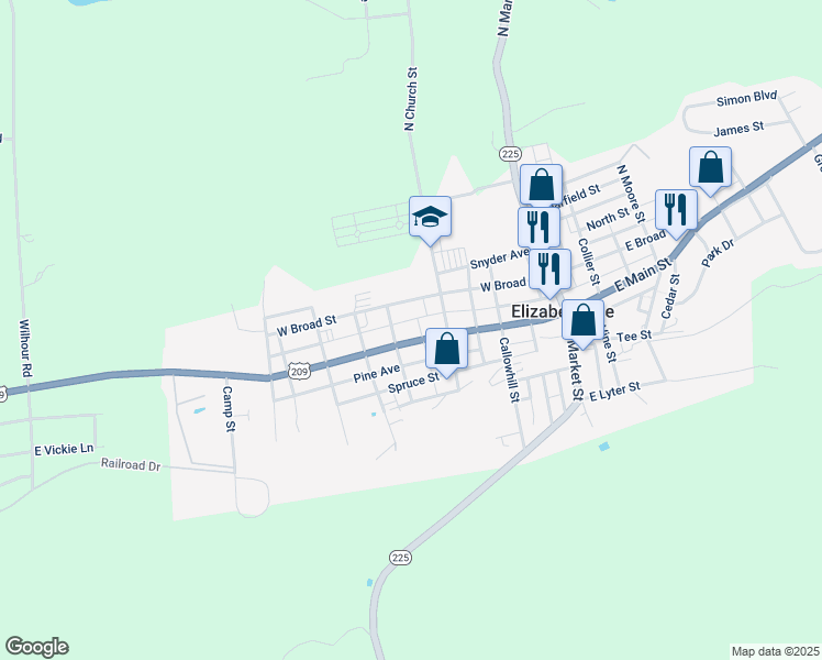 map of restaurants, bars, coffee shops, grocery stores, and more near 233 West Main Street in Elizabethville