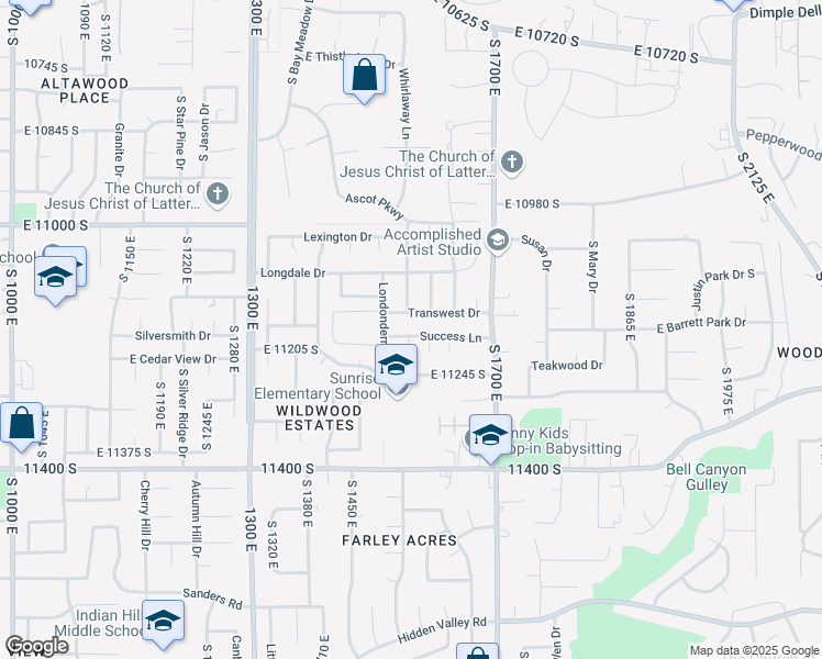 map of restaurants, bars, coffee shops, grocery stores, and more near 1559 East Success Lane in Sandy
