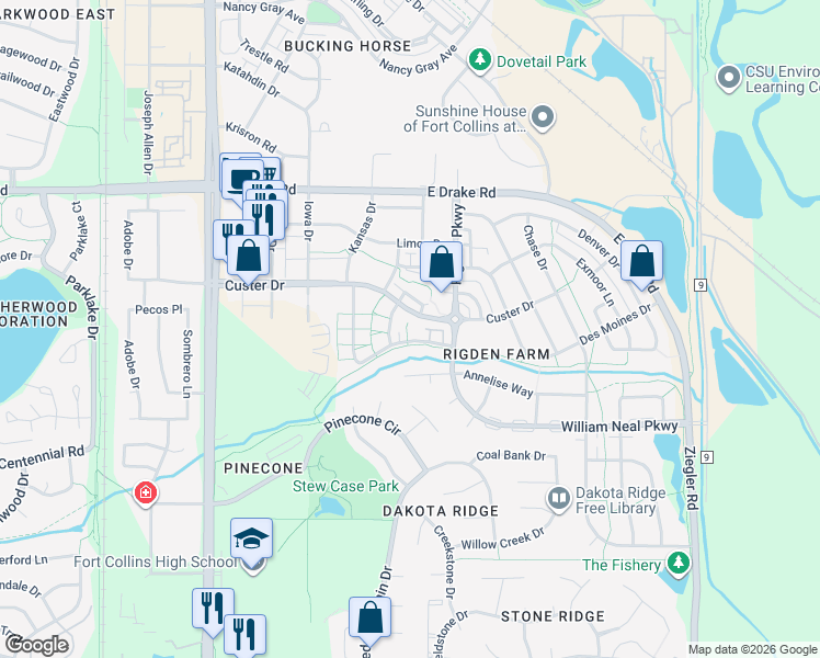 map of restaurants, bars, coffee shops, grocery stores, and more near 2520 Parkfront Drive in Fort Collins