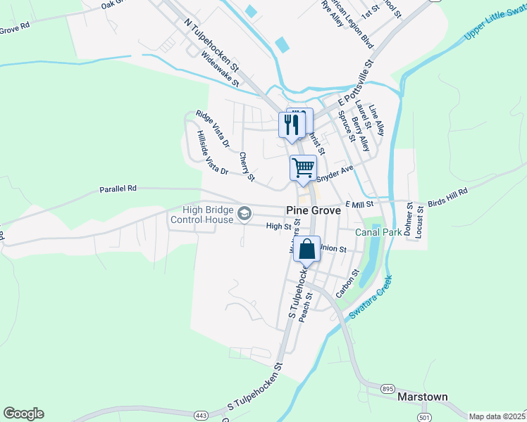 map of restaurants, bars, coffee shops, grocery stores, and more near 37 West Mill Street in Pine Grove
