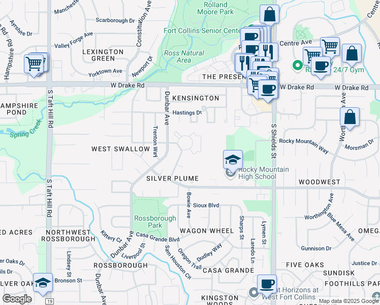 map of restaurants, bars, coffee shops, grocery stores, and more near 1512 Silverton Court in Fort Collins