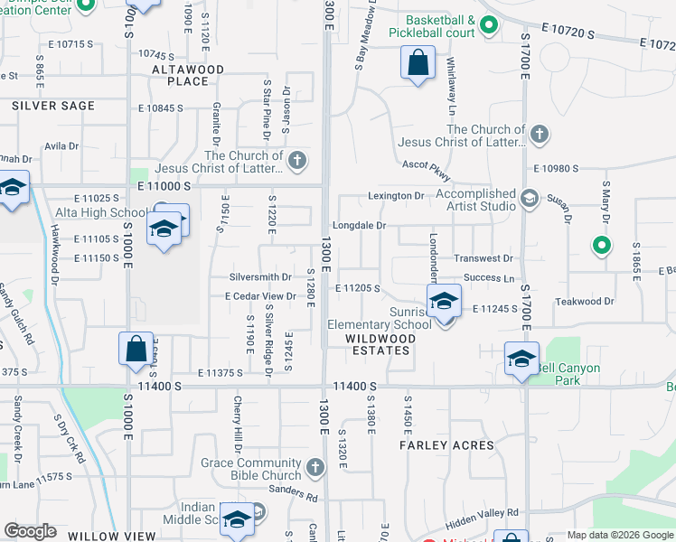 map of restaurants, bars, coffee shops, grocery stores, and more near 11183 Sandy Ridge Drive in Sandy