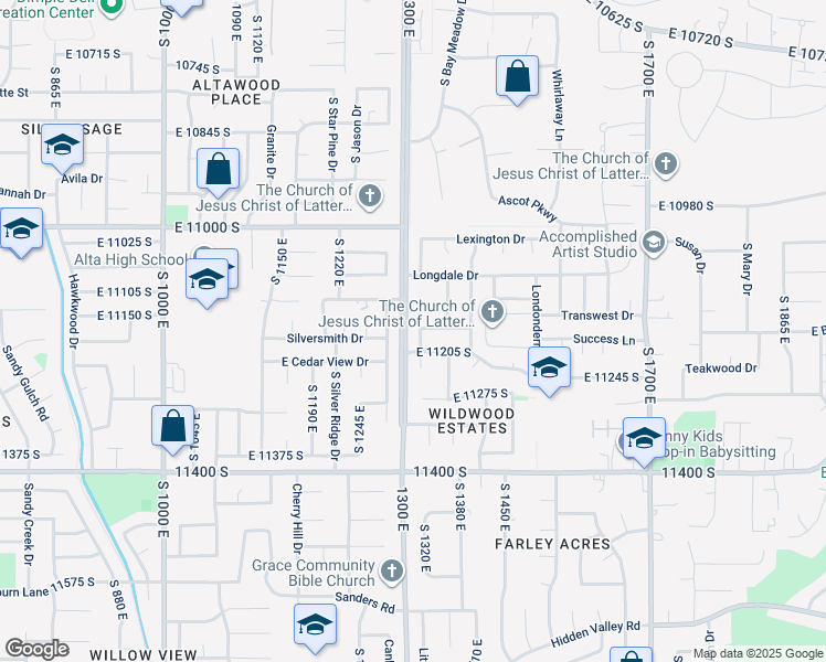 map of restaurants, bars, coffee shops, grocery stores, and more near 11168 1330 East in Sandy