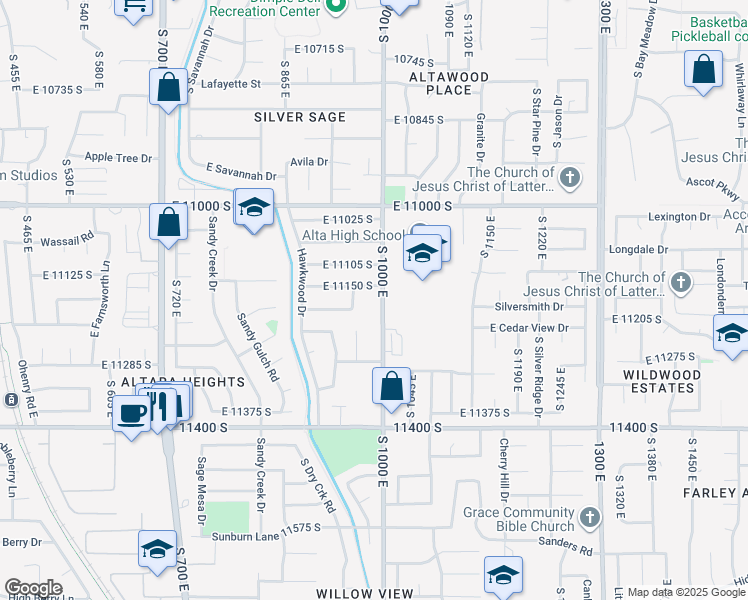 map of restaurants, bars, coffee shops, grocery stores, and more near 11194 South 1000 East in Sandy