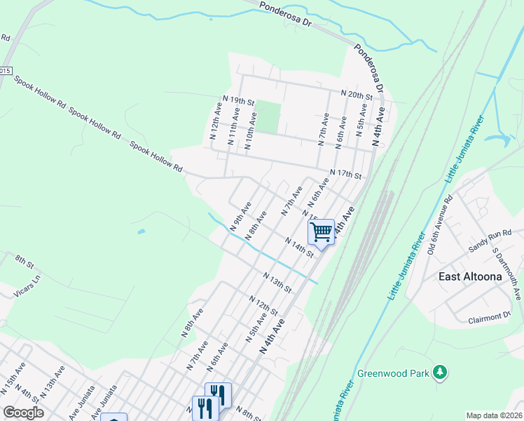 map of restaurants, bars, coffee shops, grocery stores, and more near 700-798 North 14th Street in Altoona