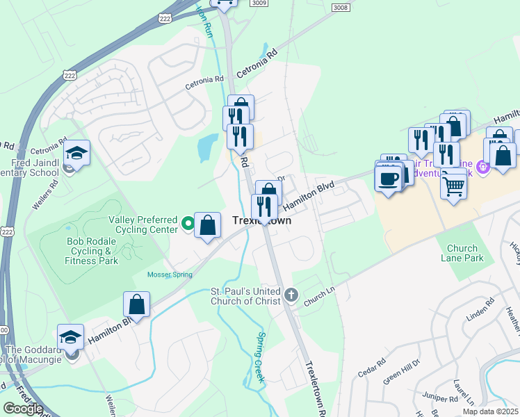 map of restaurants, bars, coffee shops, grocery stores, and more near 1141 Trexlertown Road in Trexlertown