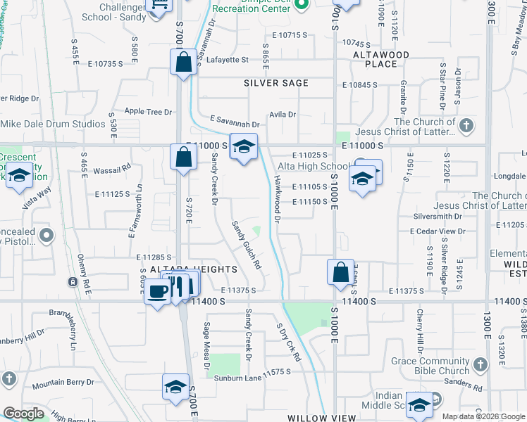 map of restaurants, bars, coffee shops, grocery stores, and more near 858 East Dusty Rock Place in Sandy