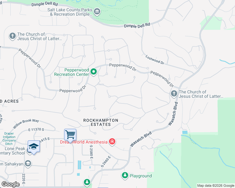 map of restaurants, bars, coffee shops, grocery stores, and more near 1 East Carriagewood CV in Sandy