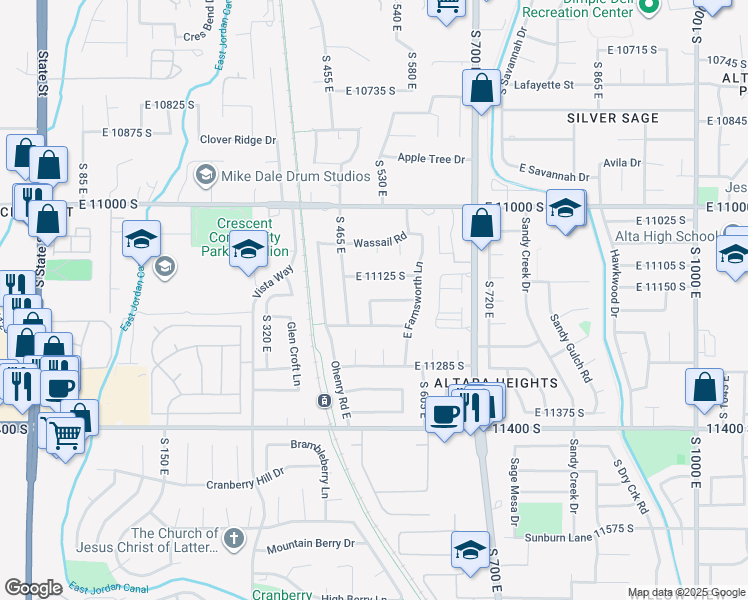 map of restaurants, bars, coffee shops, grocery stores, and more near South Johns Way in Sandy