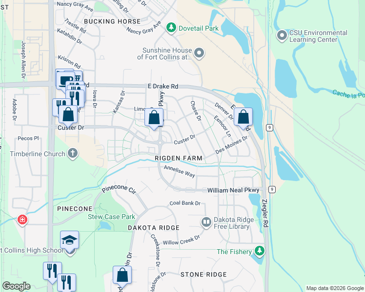 map of restaurants, bars, coffee shops, grocery stores, and more near 2903 Des Moines Drive in Fort Collins