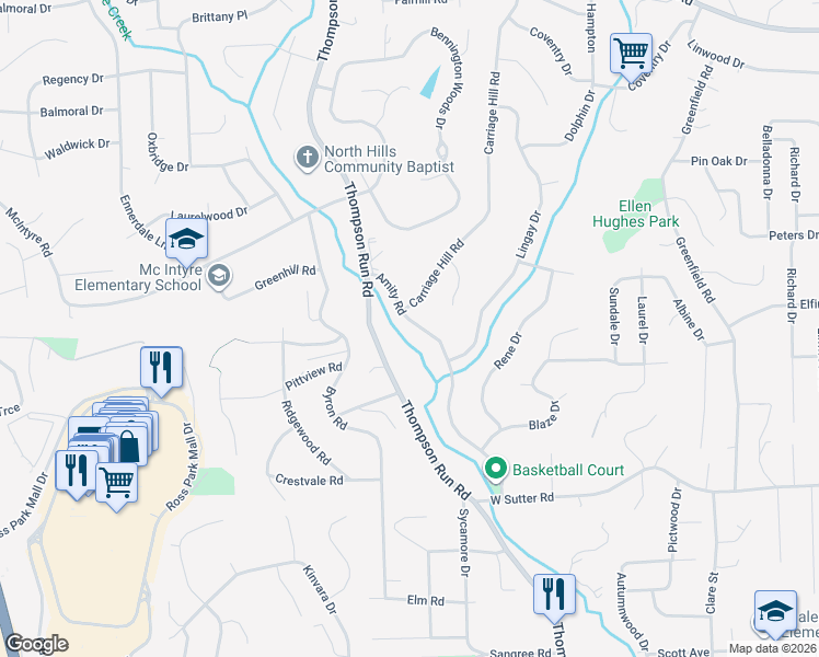 map of restaurants, bars, coffee shops, grocery stores, and more near 734 Thompson Run Road in Pittsburgh