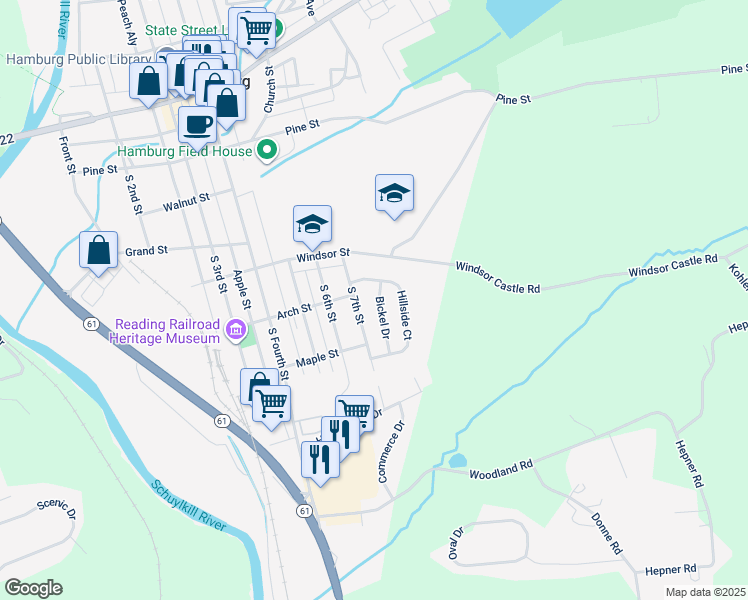 map of restaurants, bars, coffee shops, grocery stores, and more near 504 Bickel Drive in Hamburg
