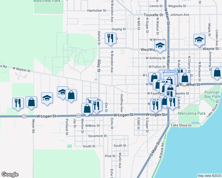 map of restaurants, bars, coffee shops, grocery stores, and more near 602 West Market Street in Celina