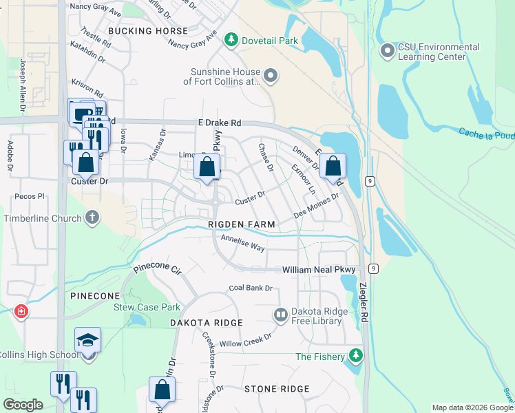 map of restaurants, bars, coffee shops, grocery stores, and more near 2926 Des Moines Drive in Fort Collins