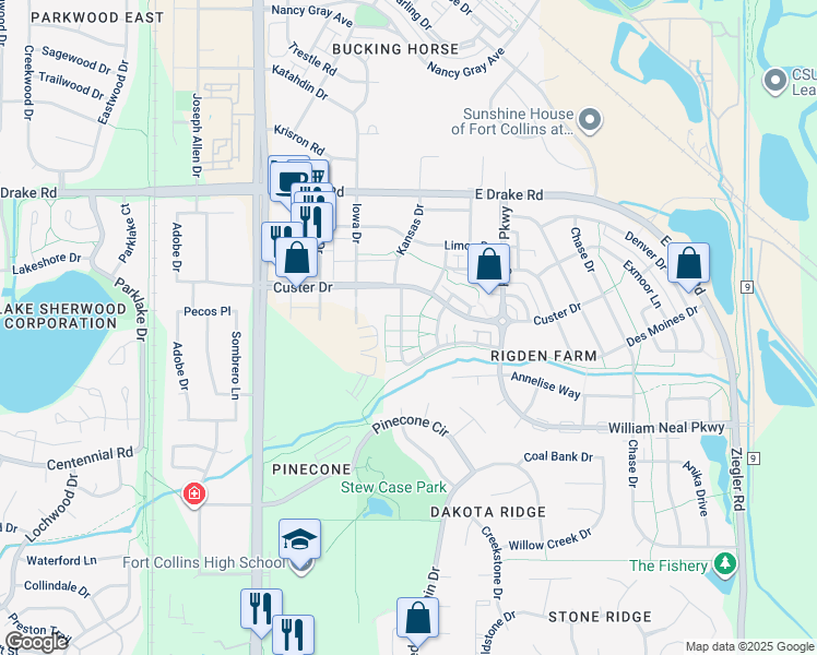 map of restaurants, bars, coffee shops, grocery stores, and more near 2862 Kansas Drive in Fort Collins